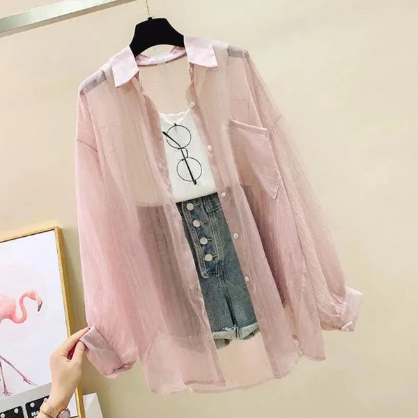 Summer sunscreen chiffon blouse Korean Harajuku style loose casual women's cardigan elegantly perforated top sheer fashionable