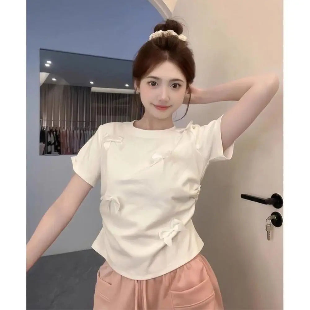 Elegant Ballet Bowknot T Shirts Round Collar Japanese Style Women Top Solid Color Short Sleeve Ribbon Crop Tank Top Women Girl