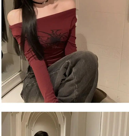Women Y2K Gothic Grunge T Shirts Off Shoulder 2023 Autumn Streetwear Fairycore Hip Hop Tops Punk Casual Tees Female Clothes