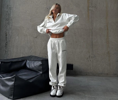 Autumn Women's Tracksuit with Zipper Cotton Oversize White Casual Two Piece Set Women  Classic Sports Trouser Suits for Women