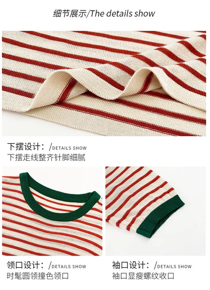 2025 Stripe Tops Women Knitted Round Collar Summer Print Short Sleeve Casual Simple Wild T-Shirt