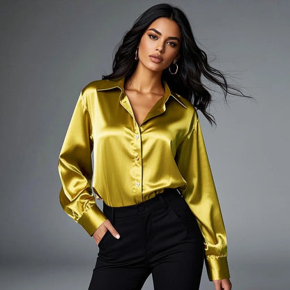 Korean Office Lady Trend Casual Shirt Elegant Blouses For Women Satin Multicolor Basic Slim Shirt Solid All-Match Top French New