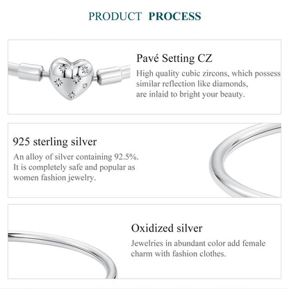 BAMOER Genuine 925 Sterling Silver Charm Glossy Bracelet Heart/Shell Clasp Basic Bangle Star Spacer Beads for Women DIY Jewelry