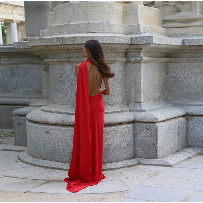 Elegant Solid Ribbon Women Halter Dress Off Shoulder Sleeveless Backless Slim Female Maxi Dresses 2025 Summer New Chic Lady Robe