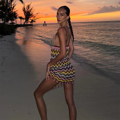 Irregular Printed Knitted Mini Dress For Women Chic Backless Slanted Shoulder Slim Fit Dresses 2025 Summer Holiday Beach Robes