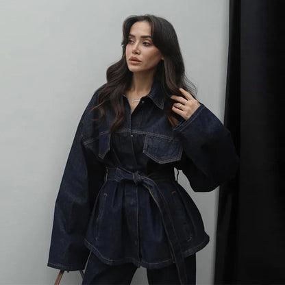 Women Two Pieces Set Denim Pant Sets Single Breasted Long Sleeve Belt Coat Wide Leg Trousers Jeans Female 2 Pieces Outfits