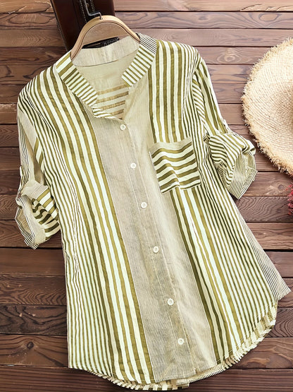 Women's Spring Fall Cotton Linen Long Sleeves Roll Up Striped Casual V Neck Button Down Shirts Blouses Collar Tunic Tops