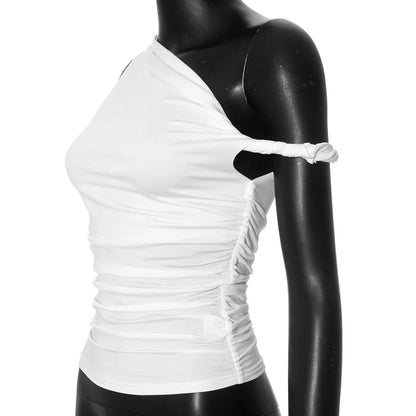 Simple Basic Casual Summer Tank Top Sleeveless Solid Color Off Shoulder Side Ruched Crop Tops Vestidos Spring Women T S