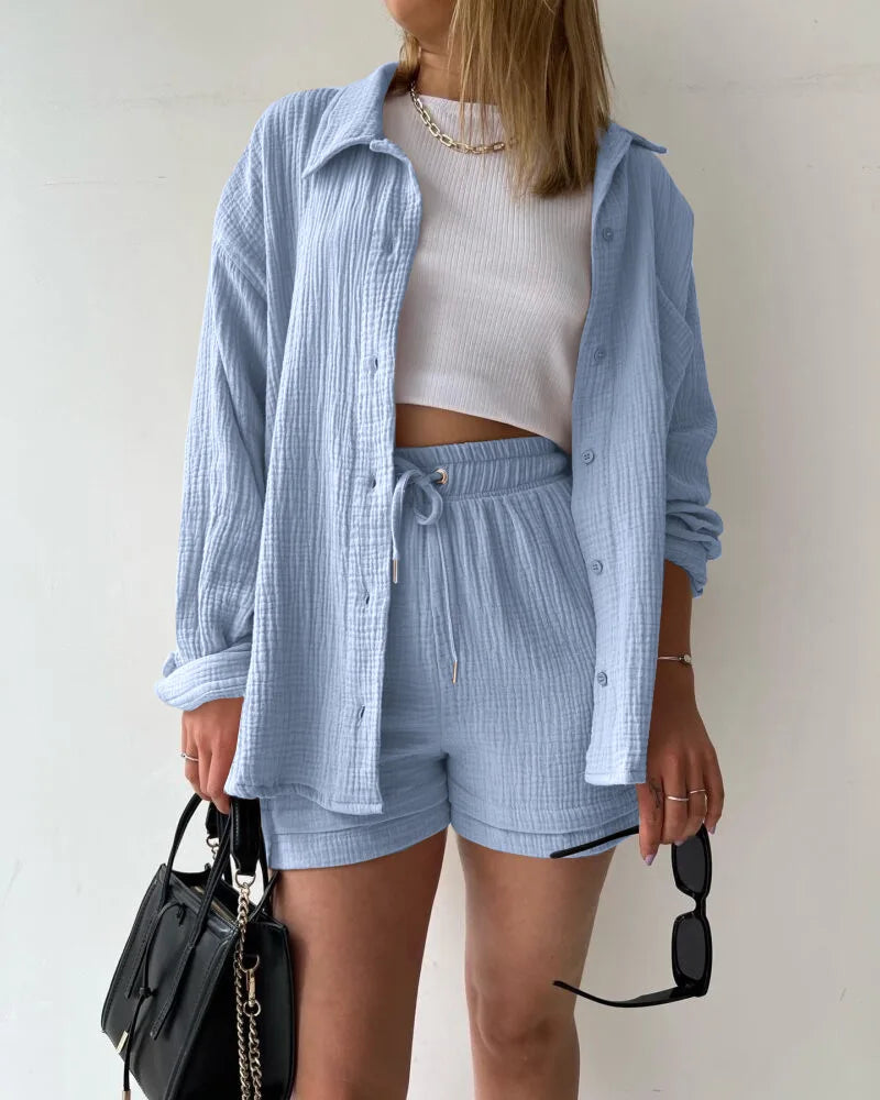 Solid Color Casual Loose Short Pants Sets For Women 2025 Elegant Summer Women's Two Pieces Suit Full Set Female Outfit Clothes
