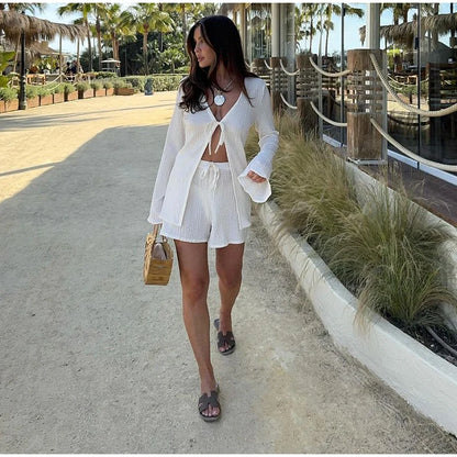 Fashion Solid Women 2 Piece Set Casual Flare Sleeve Lotus Leaf Edge Lace Up Mesh Sheer Shorts Suit 2025 New Lady Commute Outfit