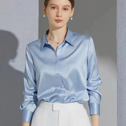 French Elegant Women Satin Glossy Shirt Summer Solid Loose Long Sleeve Blouses Office Lady's All-Match Shirt Vintage Casual Top