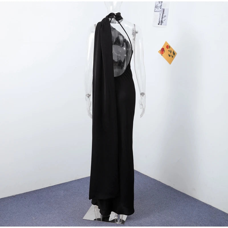 Elegant Solid Ribbon Women Halter Dress Off Shoulder Sleeveless Backless Slim Female Maxi Dresses 2025 Summer New Chic Lady Robe