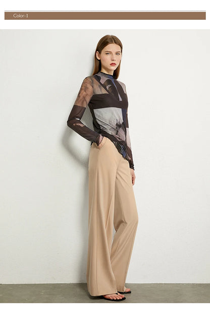AMII Minimalism Long sleeve T-shirts for Women 2025 Spring New Bottoming Shirt Mesh Printing Inside Slim Trendy Tops 12421003
