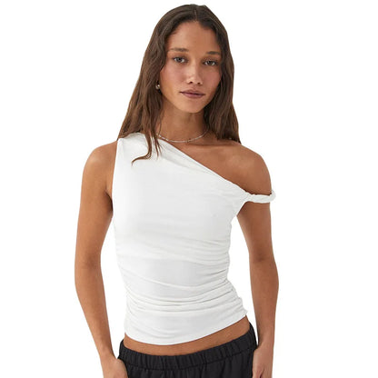 Simple Basic Casual Summer Tank Top Sleeveless Solid Color Off Shoulder Side Ruched Crop Tops Vestidos Spring Women T S