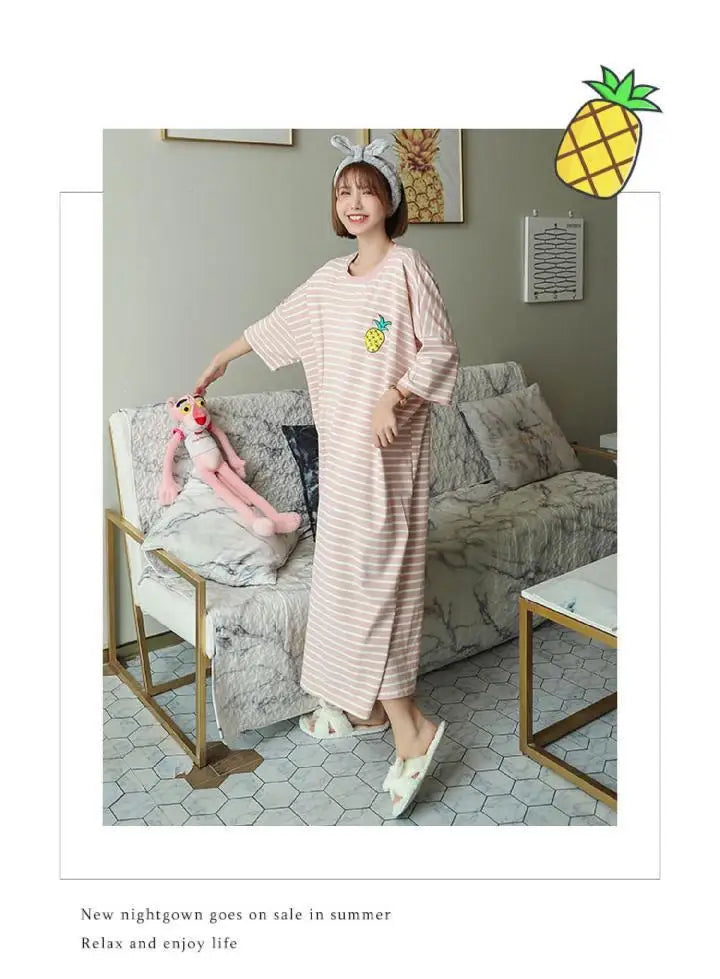 Summer Pajama Dress Female Short-Sleeved Cartoon Homewear Lengthened Plus Size Striped Student Pajamas Easy To Wash Long Clothes