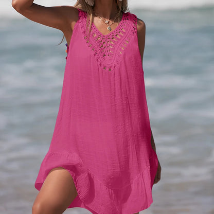 Women V-Neck Backless Hollow Out Short Dress Crochet Splicing Wooden Ear Dress With Colored Balls Beach Swimsuit Cover Up