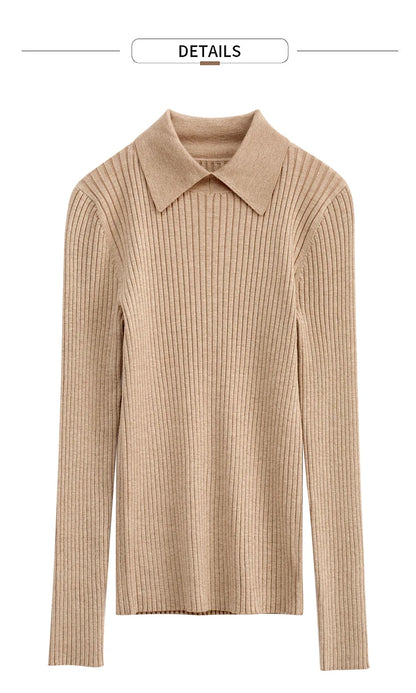 Amii Minimalism 2024 Sweater for Women Autumn New Office Lady Basic Lapel Striped Slim Knitted Tops Solid Trendy Blouse 12444058
