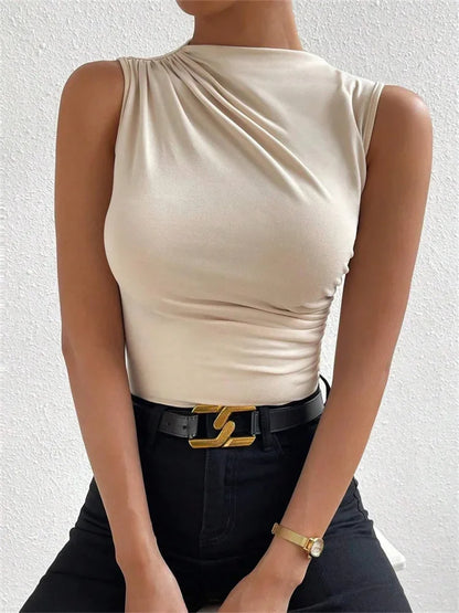 Fashion Casual Mock Neck Ruched Tank Top for Women Summer 2024 Solid Color Pleated Sleeveless Tee Shirt Tshirt Streetwear Y2K