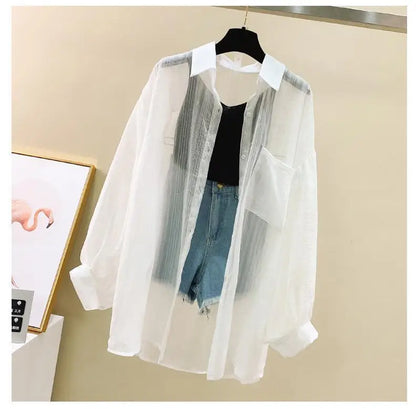 Summer sunscreen chiffon blouse Korean Harajuku style loose casual women's cardigan elegantly perforated top sheer fashionable