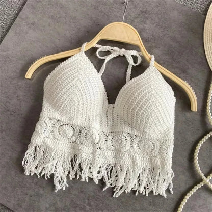 Boho Crochet Halter Top for Women Summer Beach Knit Crop Top with Tassels Backless Sleeveless Bralette