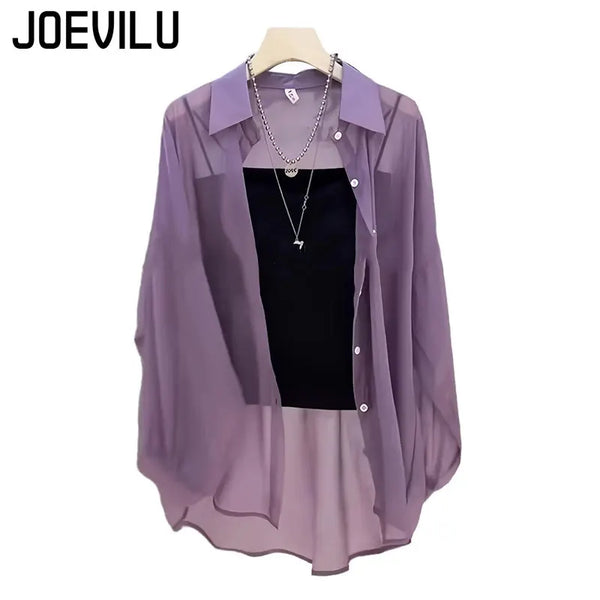 Sheer Chiffon Shirt Women's Casual UV Resistant Cardigan Summer Thin Commuting Coat Japanese Fashion Mesh Sunscreen Clothing Y2k