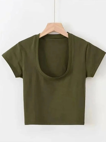 U-Neck Crop Top Solid Color Women Casual High Waist T Shirt Basic Sexy Streetwear Short Sleeve Slimming Tops