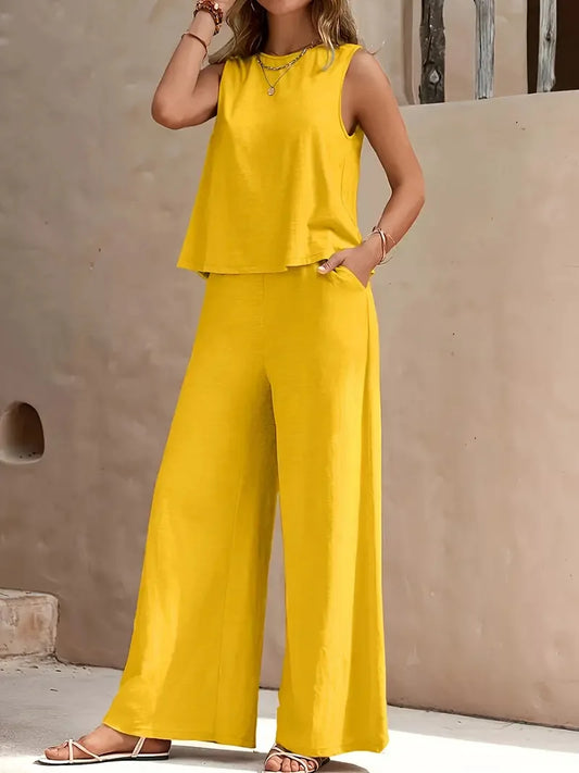 QX Womens Sleeveless Summer 2025 Pants Suit Flash Sale Solid Color Elegant Two Piece Round Neck Suit