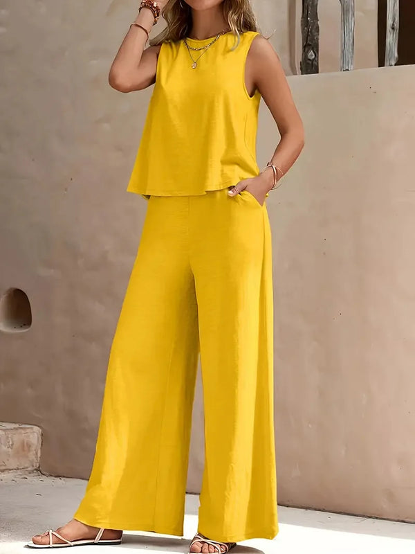 QX Womens Sleeveless Summer 2025 Pants Suit Flash Sale Solid Color Elegant Two Piece Round Neck Suit