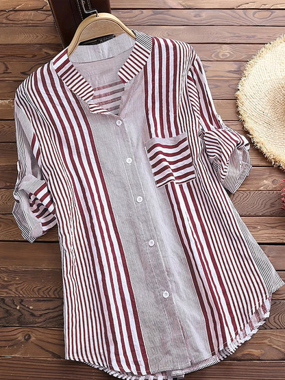 Women's Spring Fall Cotton Linen Long Sleeves Roll Up Striped Casual V Neck Button Down Shirts Blouses Collar Tunic Tops