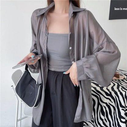 Xpqbb Women's White Chiffon Shirt Sheer Thin Long Sleeve Sun Protection Blouse Woman Casual Loose Simple Single-breasted Shirts