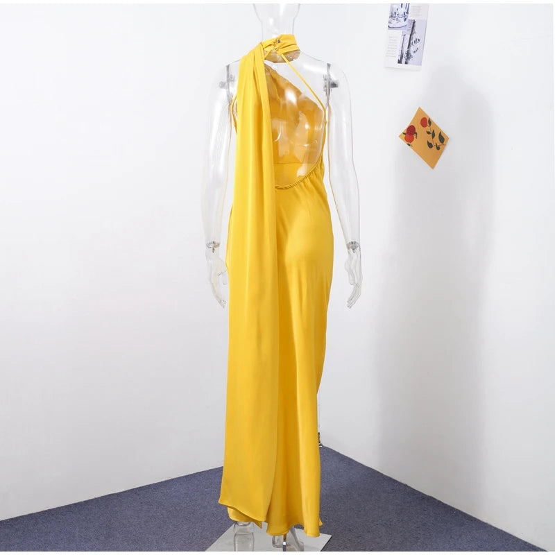 Elegant Solid Ribbon Women Halter Dress Off Shoulder Sleeveless Backless Slim Female Maxi Dresses 2025 Summer New Chic Lady Robe