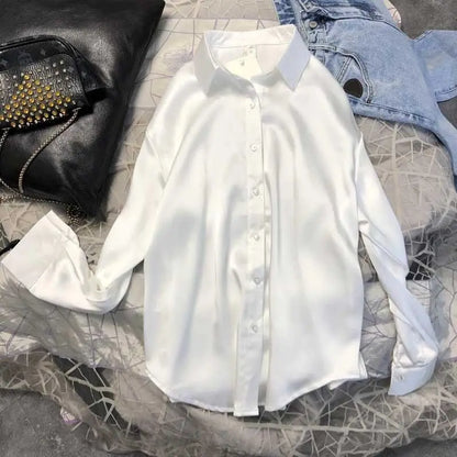 Autumn Casual Women's Satin Shirt All-Match Basic Solid Color Office Lady's Top Trendy Multicolor Shirts And Blouses Chic Top