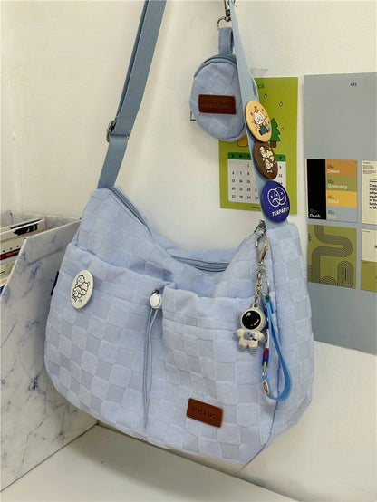 Xiuya Harajuku Style College Crossbody Bag Solid Color Plaid Print Large Capacity Shoulder Bag New Cute Fashion Designer Handbag