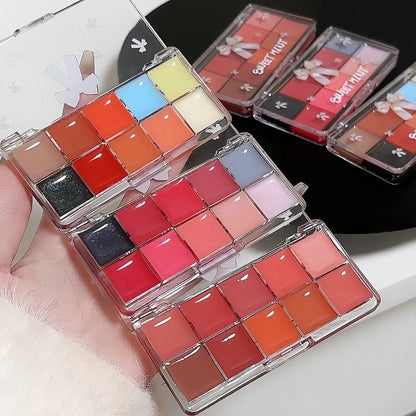 10-Color Lip Jelly Plate Mirror Crystal Lip Gloss Moisturizing Water Glass Red Orange Lip Oil Balm Sexy Plump Makeup Palette