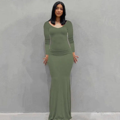 2025 Autumn Long Sleeve Dresses For Women Sexy V Neck Bodycon Solid Elegant Long Dress Y2k Skinny Trumpet Maxi Vestidos
