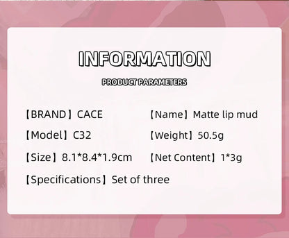 CACE 3 Pcs Sweet Liquid Lipstick Set Matte Velvet Lip Glaze Waterproof Long Lasting Non-marking Lip Tint Cosmetic Kits Lipgloss