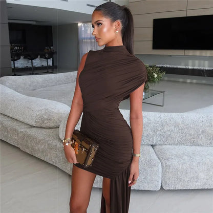 Balitops Summer Draped Ruched Sexy Mini Dress Women 2025 New Irregular High Waist Slim Fit Dress Female Elegant Club Tank Dress