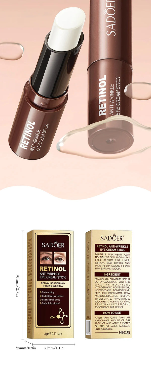 SADOER Retinol Eye Cream Stick Anti Dark Circles Under the Eyes Moisturizing Firming Eyes Cream Eye Skin Care Products