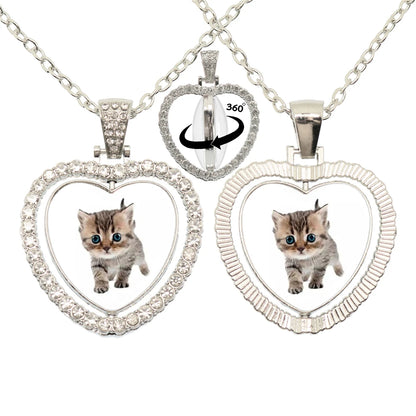 Lovely Little Cat Glass Cabochon 360 Degree Rotating Heart Shaped Pendant With Double-Sided Necklace For Girls' Birthday Gift Je