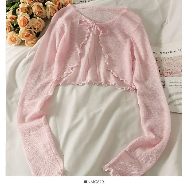 Women Frenum Cardigan Blouses and Tops Bow Lace Up Long Sleeve Crop Top Female Elegant Shirt Thin Aesthetic Clothes Korean Style