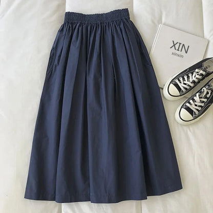 Women White Long Skirt Fashion Pockets Pleated Knee Length Skirts Autumn 2024 New Casual Elegant High Waist A Line Femme Skirts