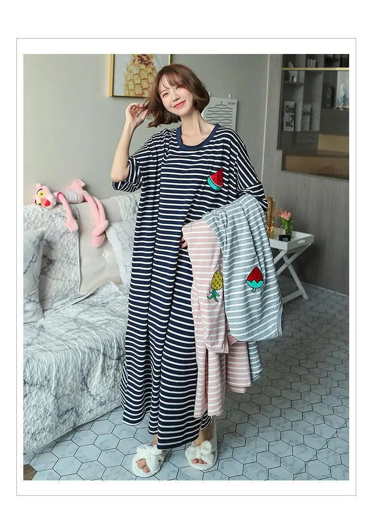 Summer Pajama Dress Female Short-Sleeved Cartoon Homewear Lengthened Plus Size Striped Student Pajamas Easy To Wash Long Clothes