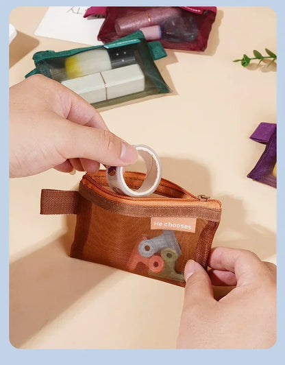Small Square Solid Color Coin Bag Nylon Mesh Lipstick Key Earphone Organizer Holder Bus Bank ID Credit Cards Pouch Case Storage