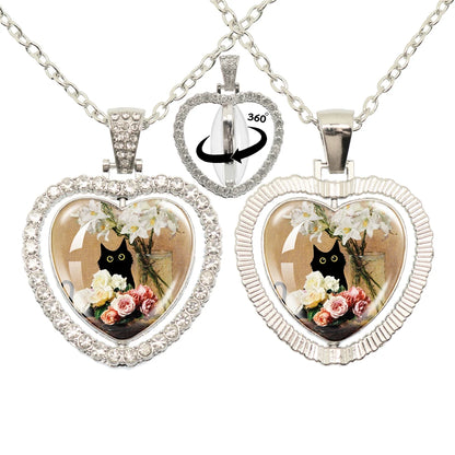 Lovely Little Cat Glass Cabochon 360 Degree Rotating Heart Shaped Pendant With Double-Sided Necklace For Girls' Birthday Gift Je