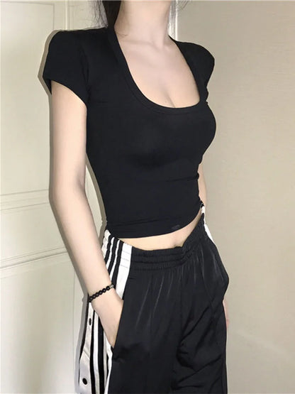 U-Neck Crop Top Solid Color Women Casual High Waist T Shirt Basic Sexy Streetwear Short Sleeve Slimming