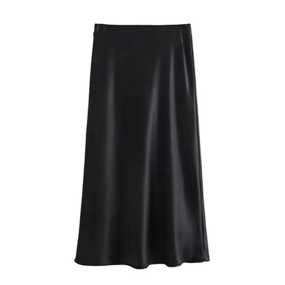 TRAF Woman 2024 Satin Skirt Women High Waist Long Skirts For Women Summer Black Midi Skirt Office Elegant Women's Skirts