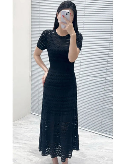 CHUJIE Women's 2025 Summer Lace Trim Dress Set - Round Neck Short Sleeve Midi Dress + Slip Dress 2 Piece Set (Rayon Nylon Blend)