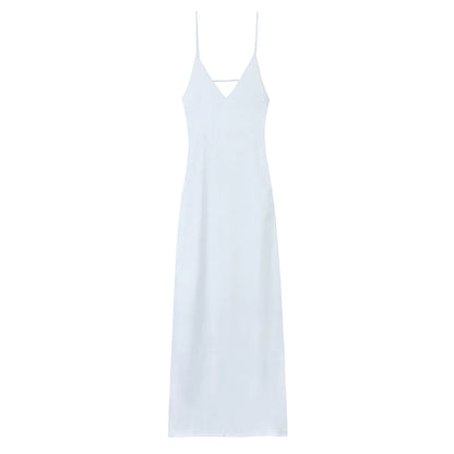 TRAFZA Women Summer Yellow Stain V Neck Sling Dress Elegant Sleeveless Loose Maxi Robes 2025 New Ladies Party Holiday Dresses