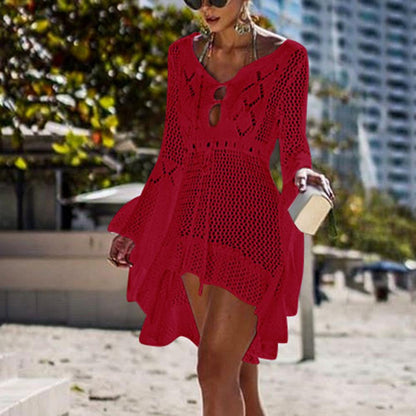 Sexy Women’s Bathing Suit Beach Cover Up Hollow Out Knitted Women Flared Sleeves Solid Color Beach Dress saida de praia