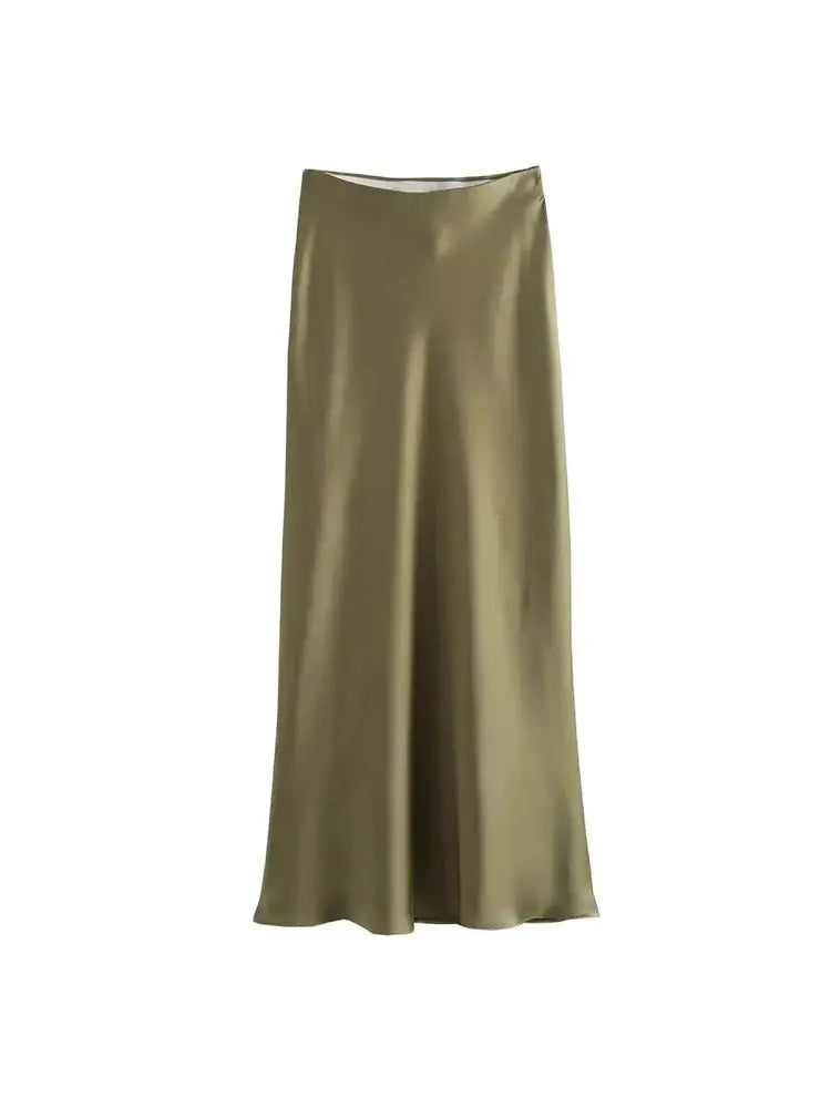 TRZA Women's Soft Touch Silk-Like Midi Skirt High Waist Elastic Waistband Chic Fashion Female Skirts Elegant Mujer